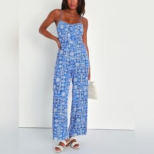 ​Lulus Blue White Tile Print Wide Leg Jumpsuit XL NWT Boho Vacation Backless